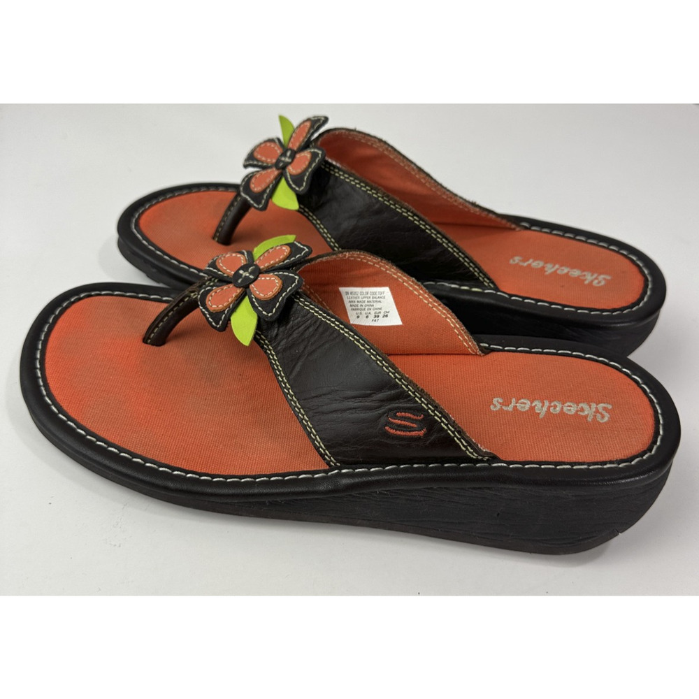 Skechers Y2K Style Flower Flip Flop Sandals Leather Size 9 Hippie Boho Festival - Picture 13 of 14